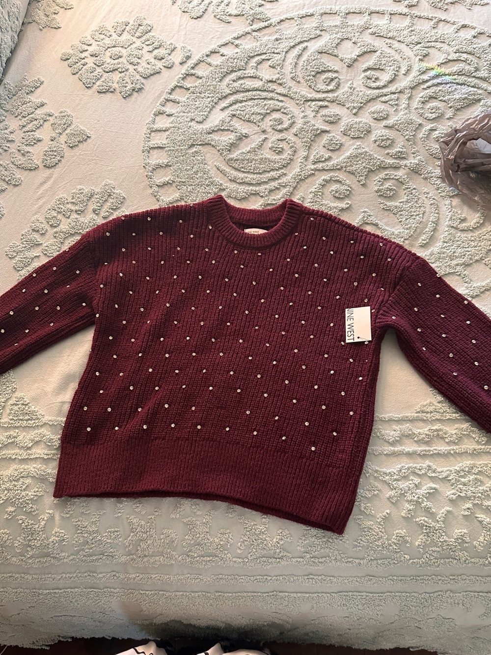 Nine West Burgundy Crewneck Sweater with Pearl Studs